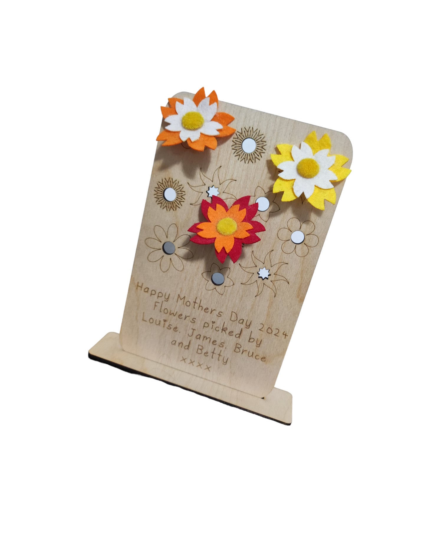 Personalised wooden floral decoration, intricately laser-engraved with flower designs and featuring holes to add your own blooms. 