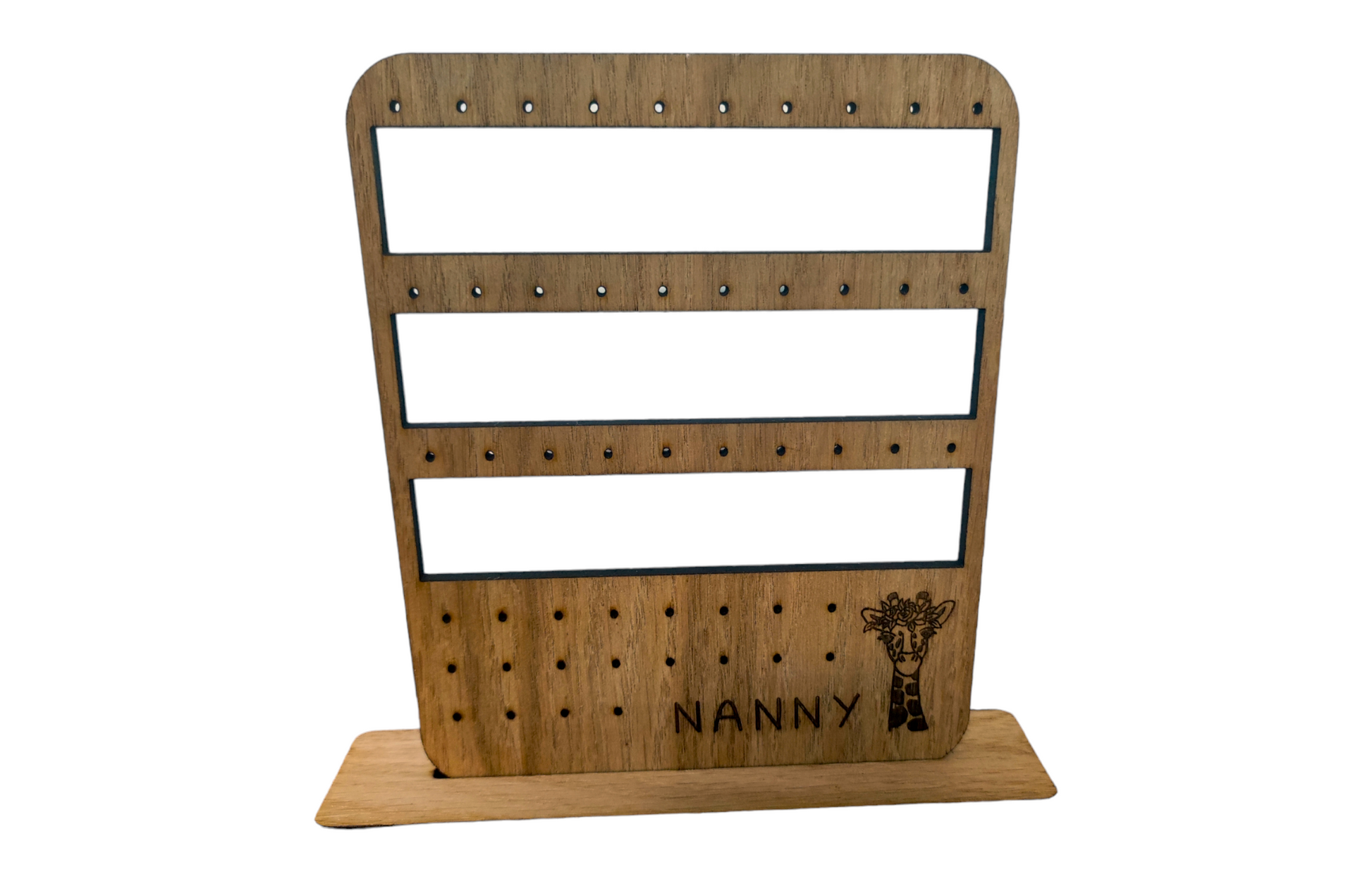 Personalised earring holder for studs and hoops, custom engraved with a name and a detailed giraffe design. Available in wood or clear acrylic, perfect for organising jewellery while adding a unique touch.
