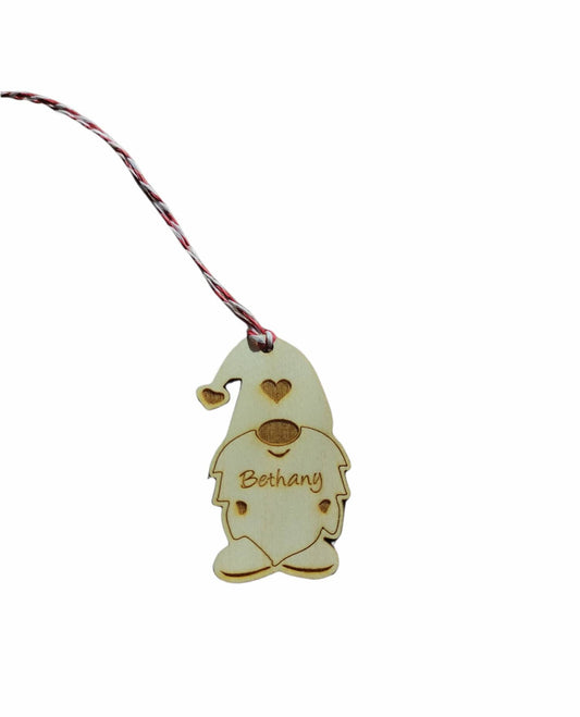 Personalised Christmas Gonk Bauble with engraved name, eco-friendly wooden holiday tree ornament.