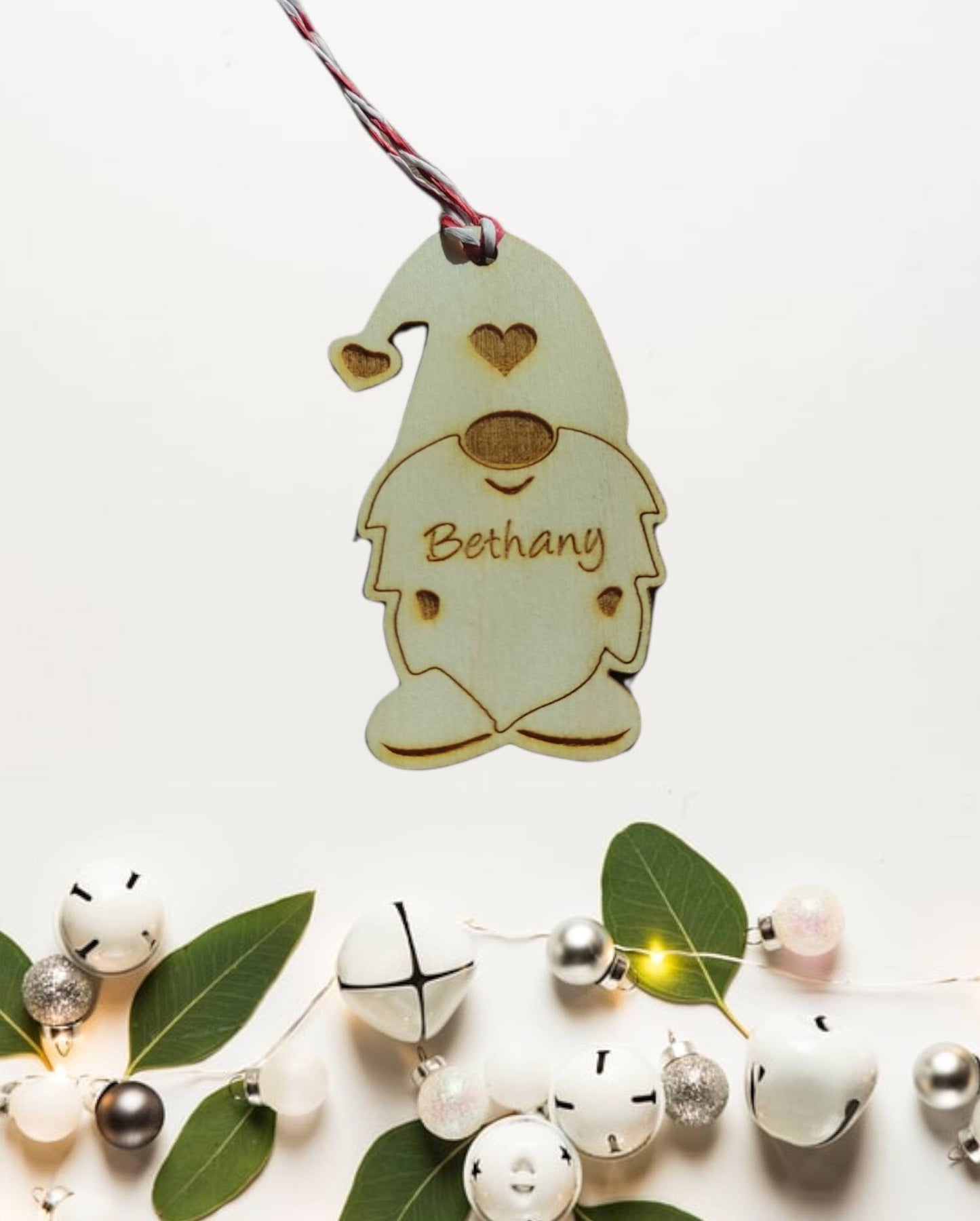 Personalised Christmas Gonk Bauble with engraved name, eco-friendly wooden holiday tree ornament,