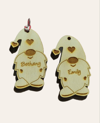 Personalised Christmas Gonk Bauble with engraved name, eco-friendly wooden holiday tree ornament,
