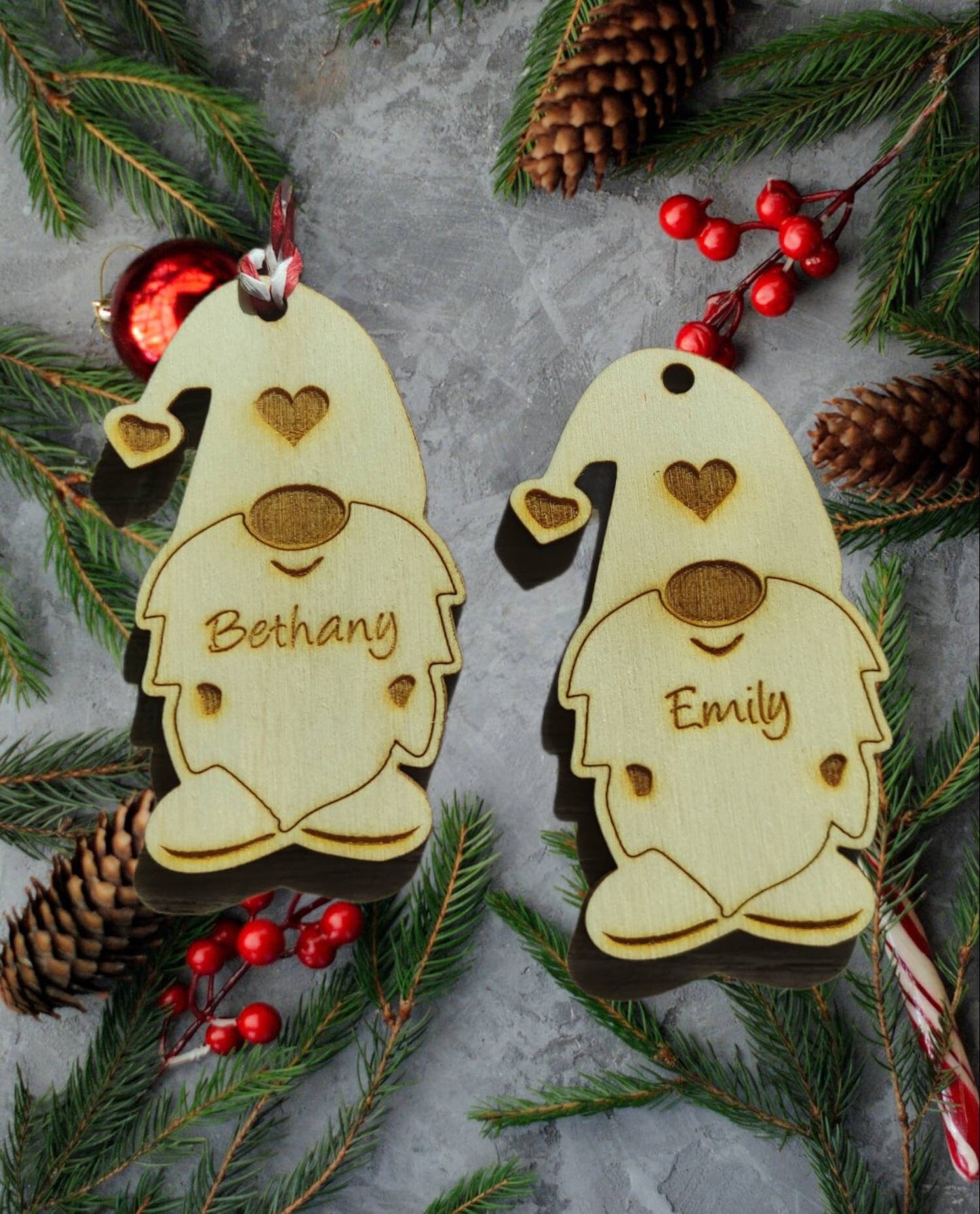 Personalised Christmas Gonk Bauble with engraved name, eco-friendly wooden holiday tree ornament,