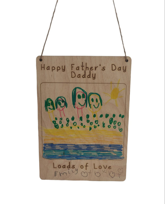Custom wooden drawing plaque, engraved with personalised text at the top and bottom. The middle section is left blank for your child’s drawing, creating a unique keepsake. Made from 3mm plywood, size 210mm x 150mm, laser engraved with precision.