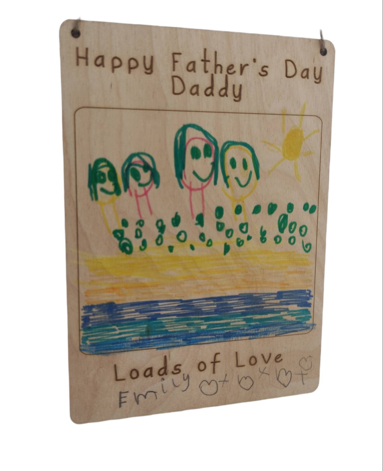 Custom wooden drawing plaque, engraved with personalised text at the top and bottom. The middle section is left blank for your child’s drawing, creating a unique keepsake. Made from 3mm plywood, size 210mm x 150mm, laser engraved with precision.