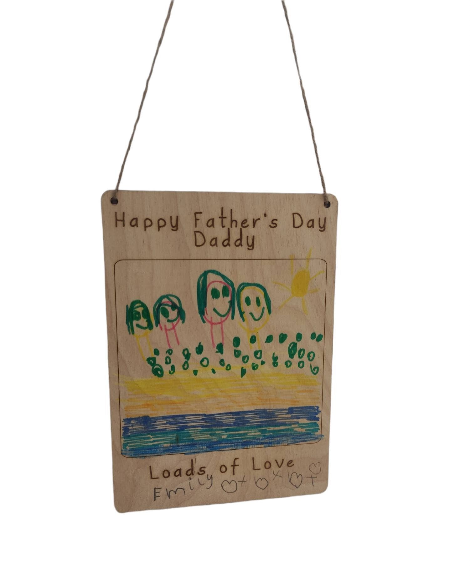 Custom wooden drawing plaque, engraved with personalised text at the top and bottom. The middle section is left blank for your child’s drawing, creating a unique keepsake. Made from 3mm plywood, size 210mm x 150mm, laser engraved with precision.