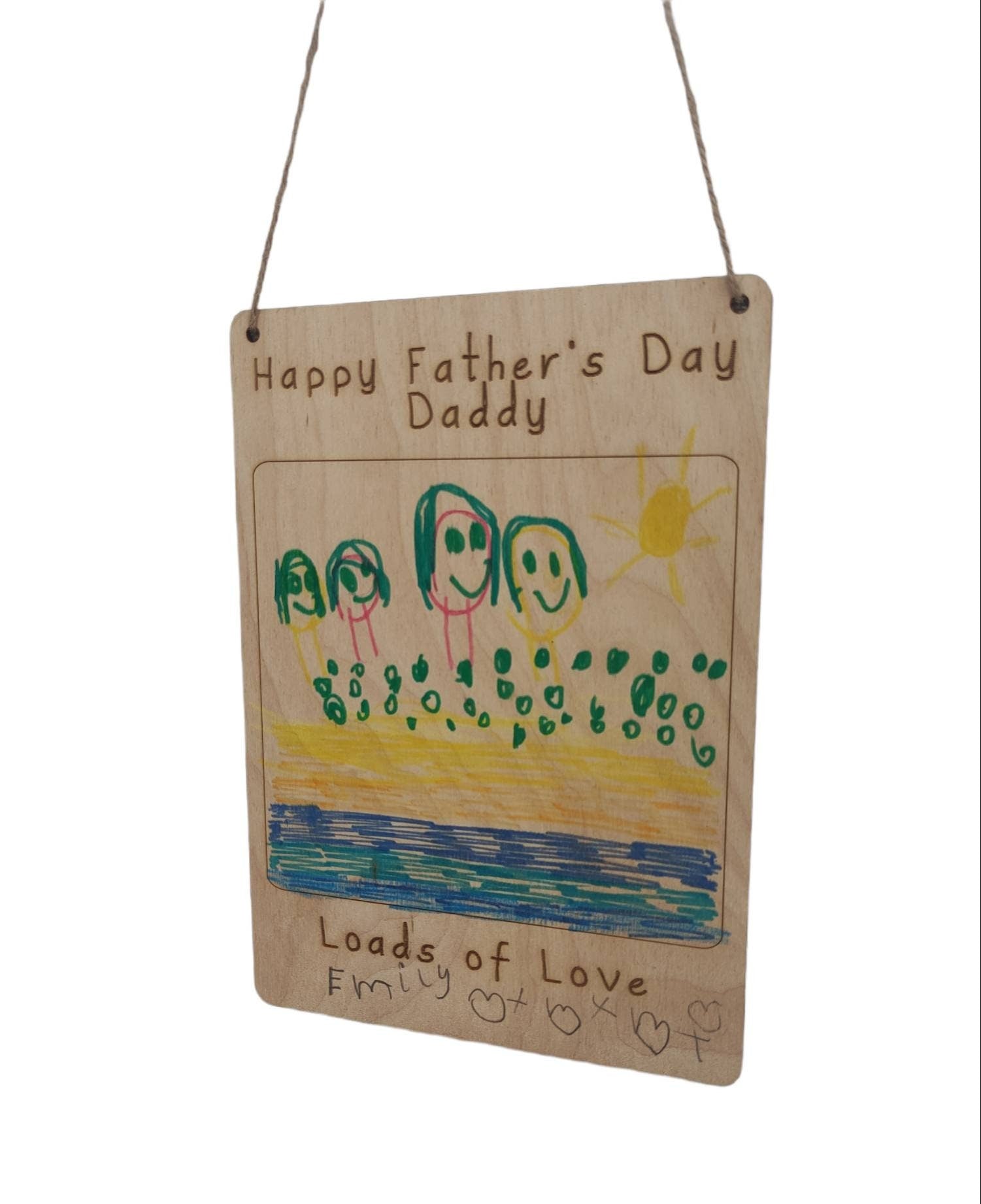 Custom wooden drawing plaque, engraved with personalised text at the top and bottom. The middle section is left blank for your child’s drawing, creating a unique keepsake. Made from 3mm plywood, size 210mm x 150mm, laser engraved with precision.