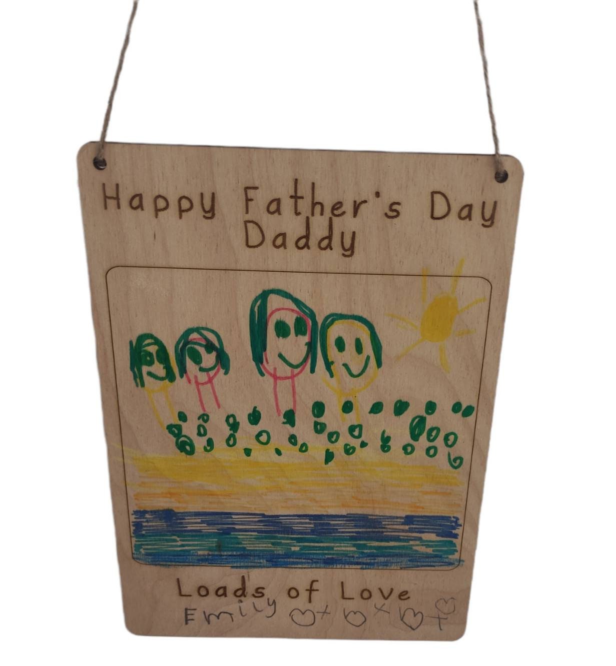 Custom wooden drawing plaque, engraved with personalised text at the top and bottom. The middle section is left blank for your child’s drawing, creating a unique keepsake. Made from 3mm plywood, size 210mm x 150mm, laser engraved with precision.