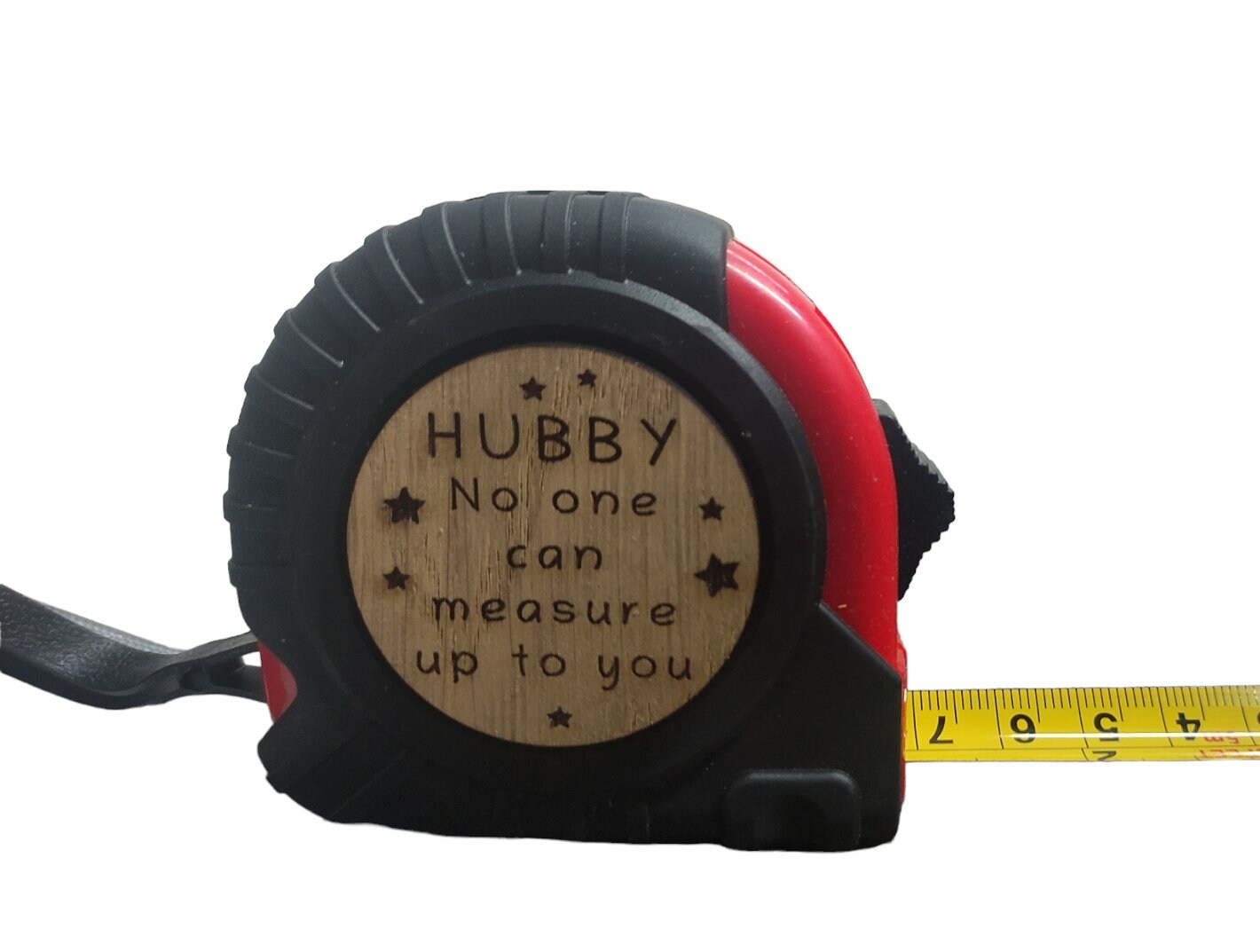 Personalised tape measure with a wooden disc, custom engraved names with your chosen message. This unique, functional gift combines practicality with a fun, stylish touch.