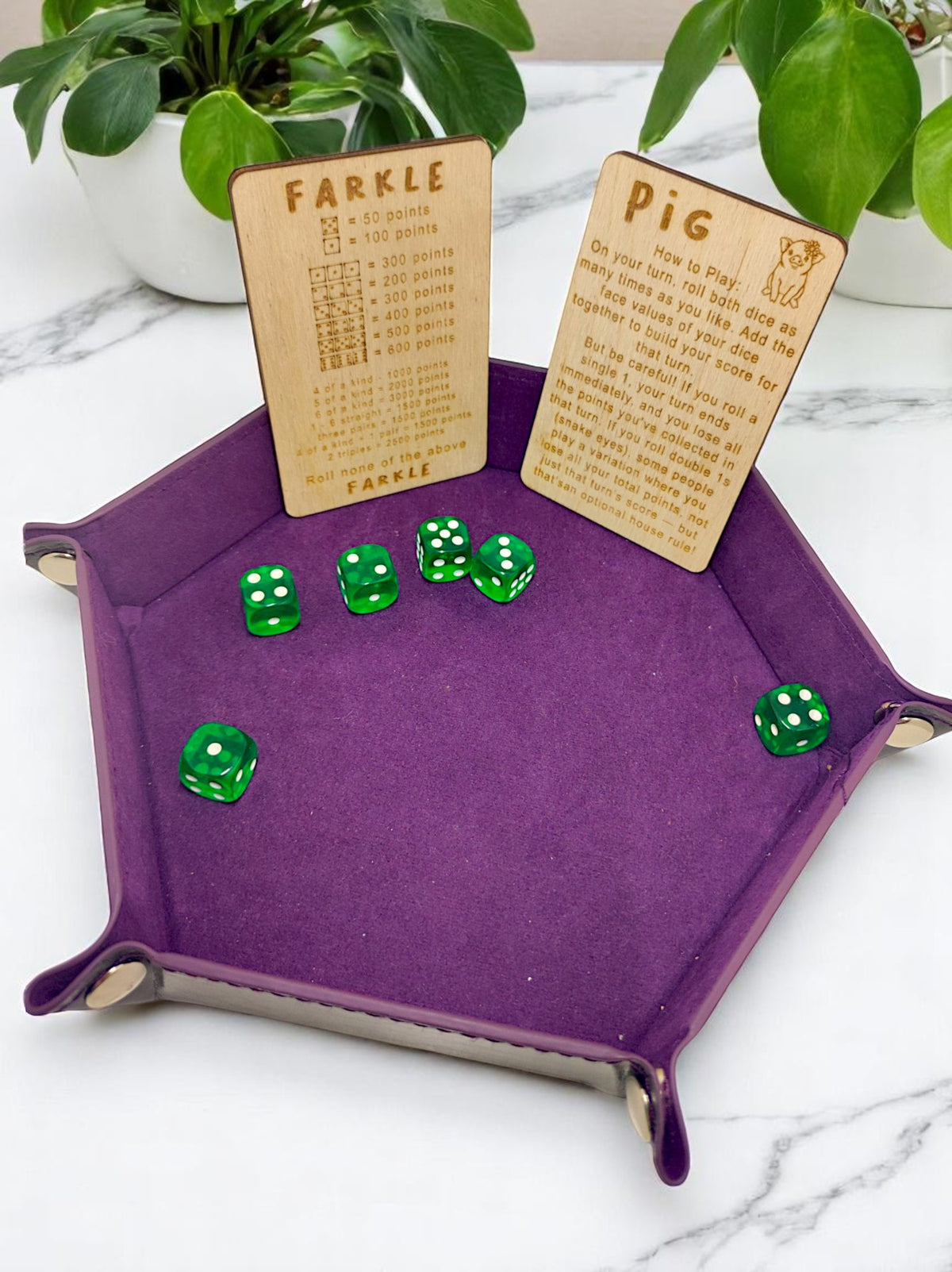 Farkle and Pig wooden dice game set, laser-engraved rules cards with coloured dice