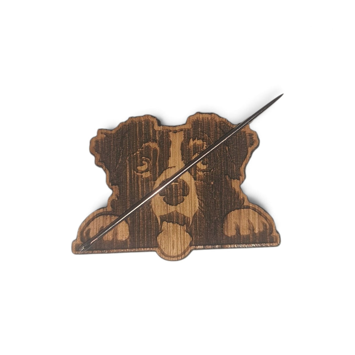 Border Collie magnetic needle minder, laser engraved oak, for cross stitch and embroidery