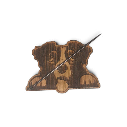 Border Collie magnetic needle minder, laser engraved oak, for cross stitch and embroidery