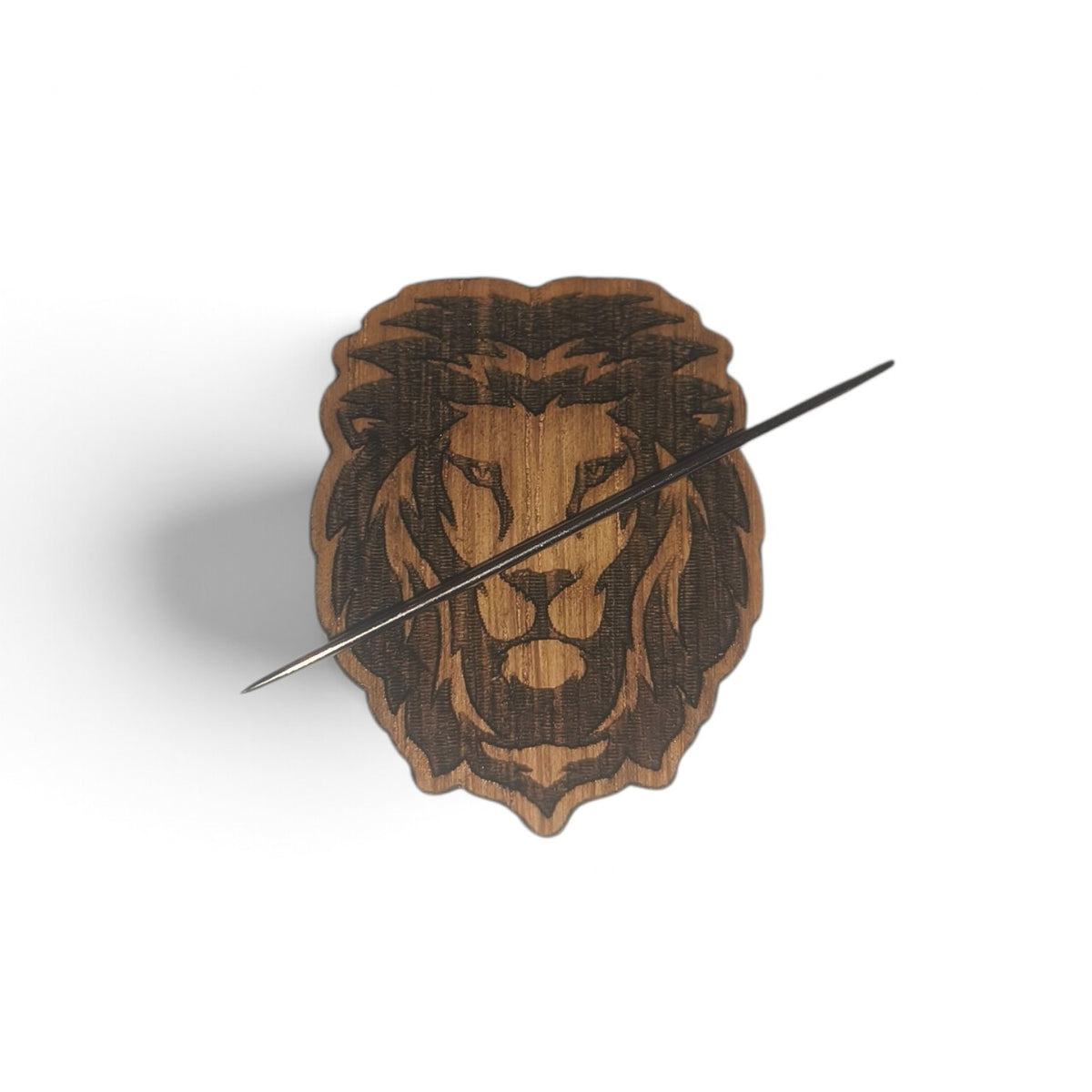 Lion magnetic needle minder, laser engraved oak, for cross stitch and embroidery