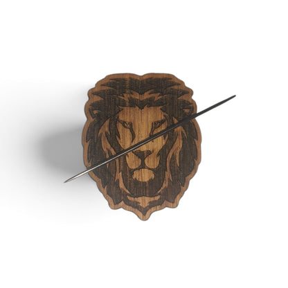 Lion magnetic needle minder, laser engraved oak, for cross stitch and embroidery