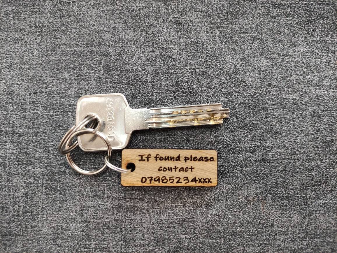 Rectangle Keyring with "If Found Please Contact" Engraved – Personalised Phone Number on Oak Veneer