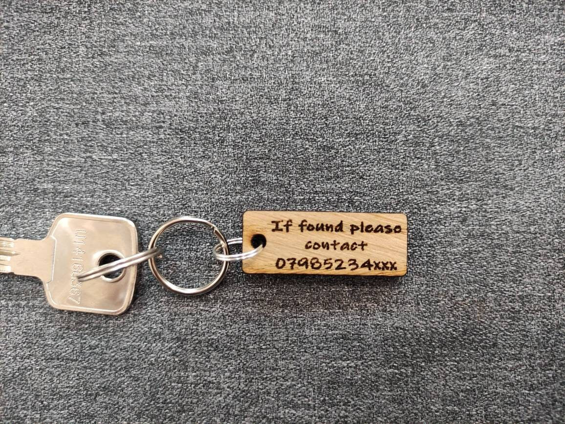 Rectangle Keyring with "If Found Please Contact" Engraved – Personalised Phone Number on Oak Veneer
