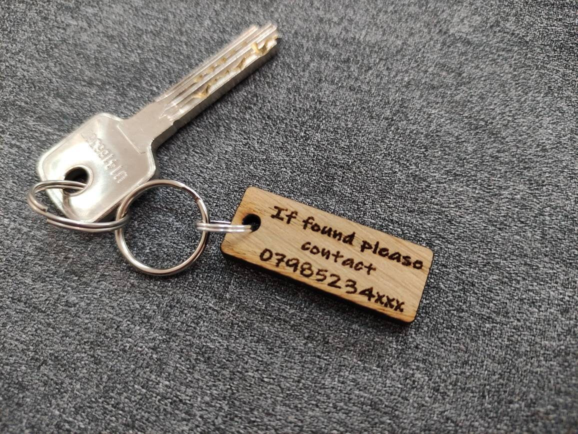 Rectangle Keyring with "If Found Please Contact" Engraved – Personalised Phone Number on Oak Veneer