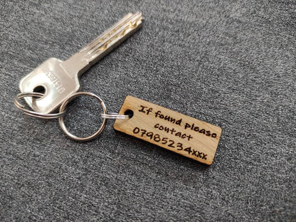 Rectangle Keyring with "If Found Please Contact" Engraved – Personalised Phone Number on Oak Veneer