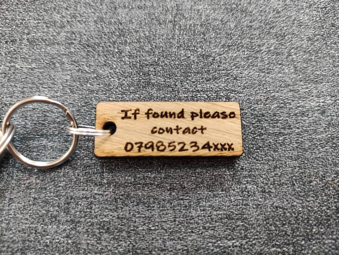 Rectangle Keyring with "If Found Please Contact" Engraved – Personalised Phone Number on Oak Veneer