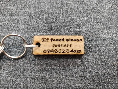 Rectangle Keyring with "If Found Please Contact" Engraved – Personalised Phone Number on Oak Veneer