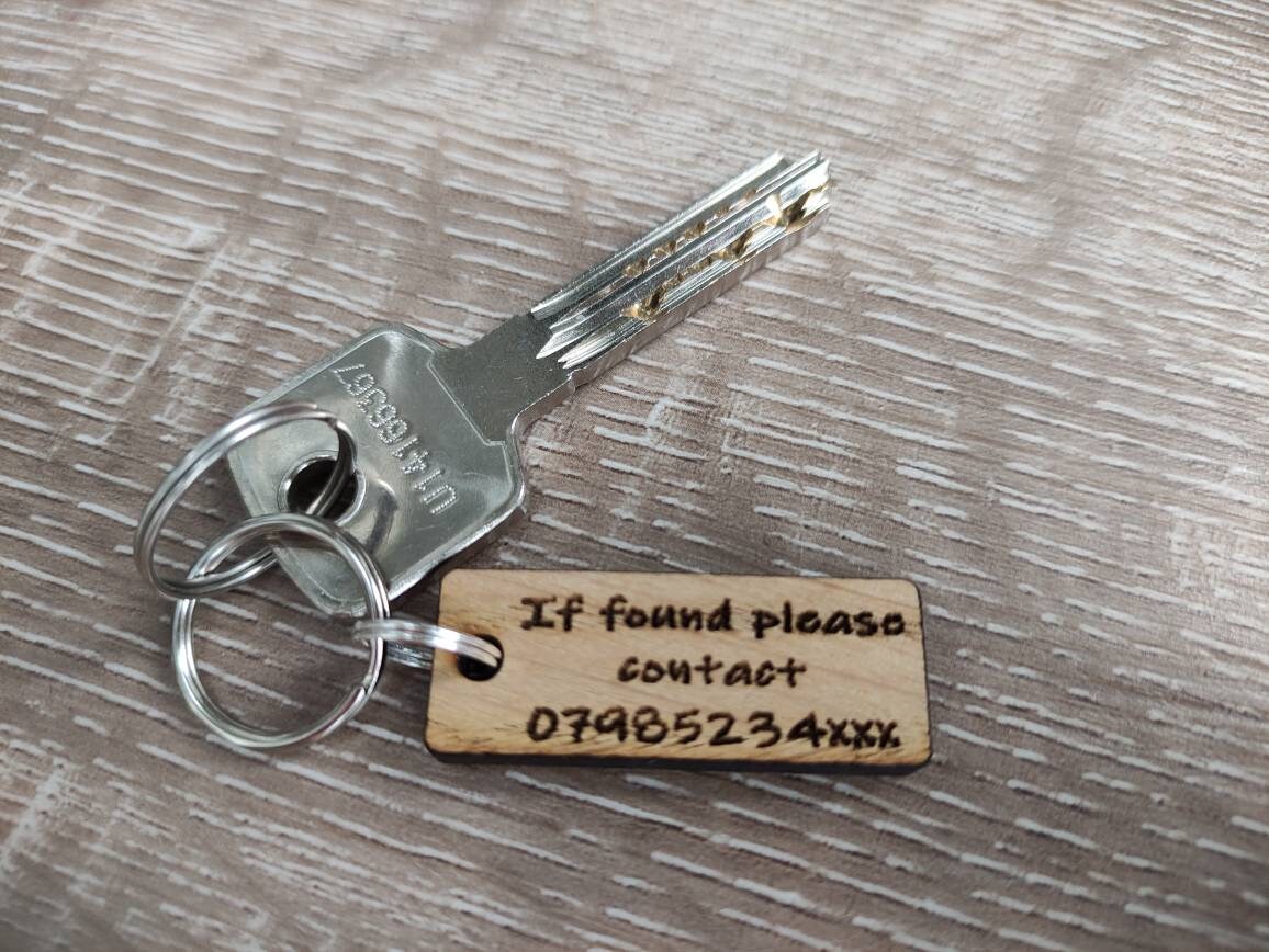 Rectangle Keyring with "If Found Please Contact" Engraved – Personalised Phone Number on Oak Veneer