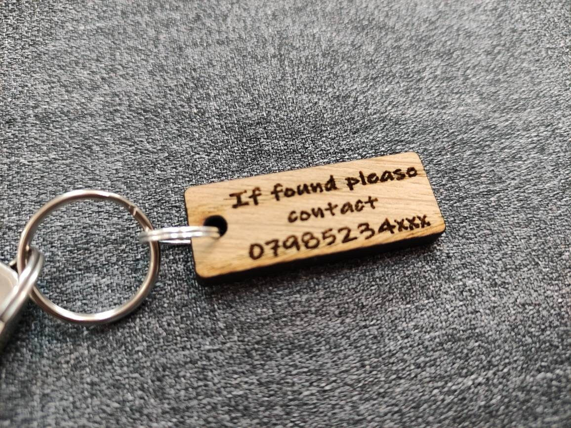 Rectangle Keyring with "If Found Please Contact" Engraved – Personalised Phone Number on Oak Veneer