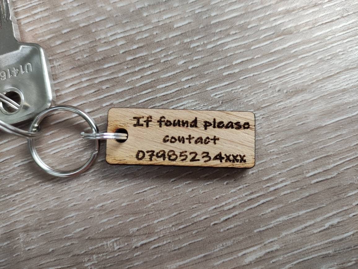 Rectangle Keyring with "If Found Please Contact" Engraved – Personalised Phone Number on Oak Veneer