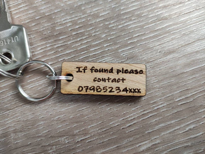 Rectangle Keyring with "If Found Please Contact" Engraved – Personalised Phone Number on Oak Veneer