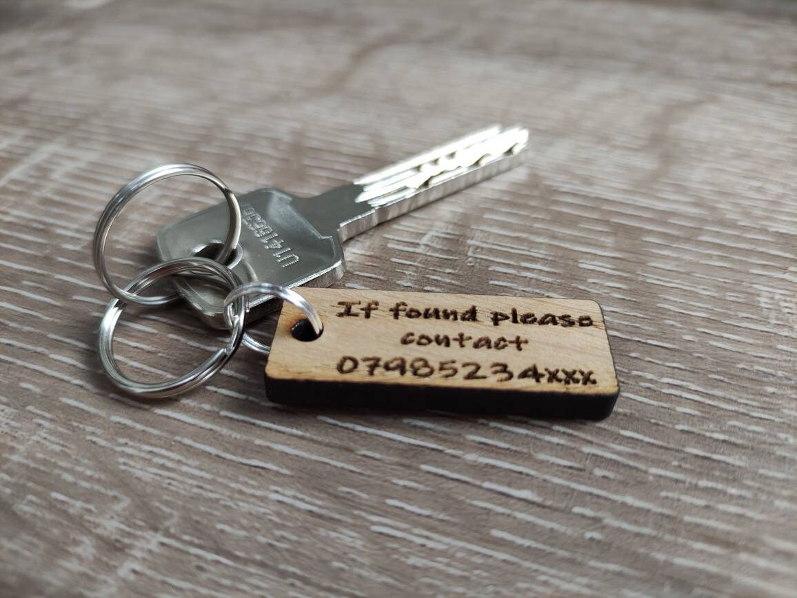 Rectangle Keyring with "If Found Please Contact" Engraved – Personalised Phone Number on Oak Veneer