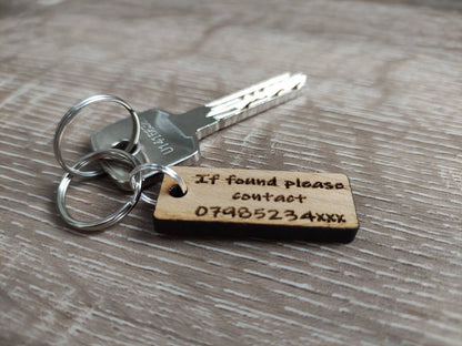 Rectangle Keyring with "If Found Please Contact" Engraved – Personalised Phone Number on Oak Veneer