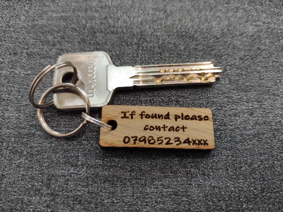 Rectangle Keyring with "If Found Please Contact" Engraved – Personalised Phone Number on Oak Veneer