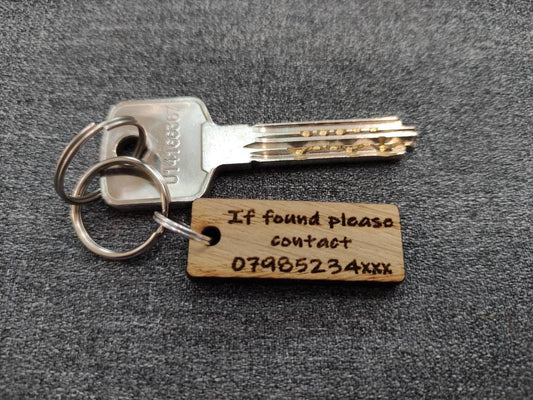 Rectangle Keyring with "If Found Please Contact" Engraved – Personalised Phone Number on Oak Veneer
