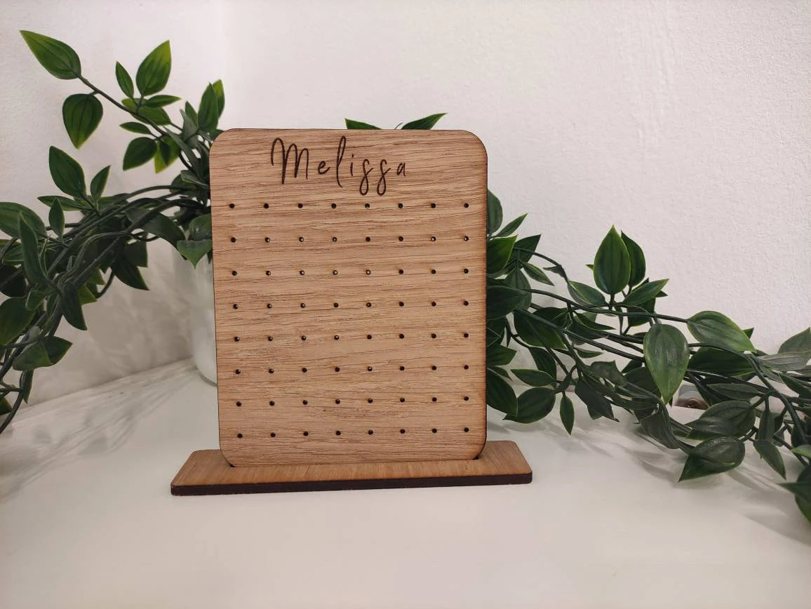 Personalised wooden earring holders, holds 32 earring studs. 