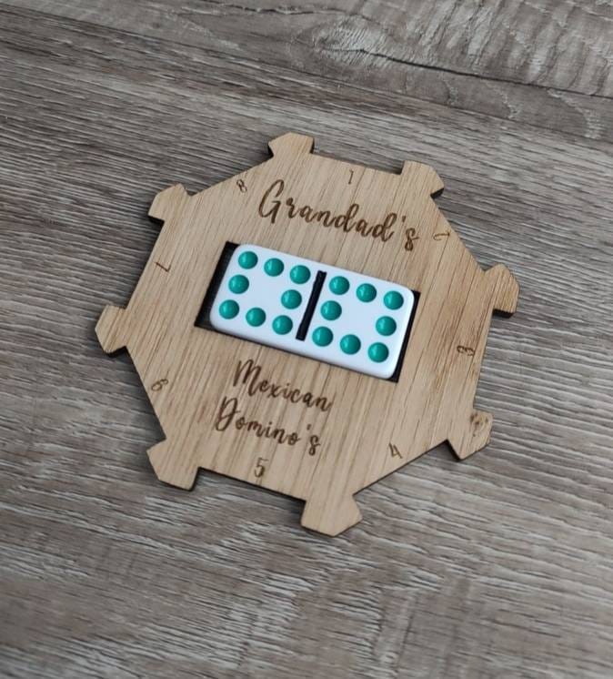 Personalised wooden hub for use with the Mexican Dominos game, custom engraved with any name. This beautifully crafted hub adds a unique, personal touch to your game setup.