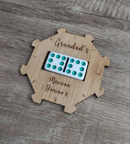 Personalised wooden hub for use with the Mexican Dominos game, custom engraved with any name. This beautifully crafted hub adds a unique, personal touch to your game setup.