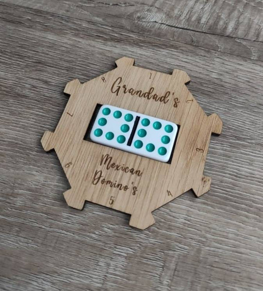 Personalised wooden hub for use with the Mexican Dominos game, custom engraved with any name. This beautifully crafted hub adds a unique, personal touch to your game setup.