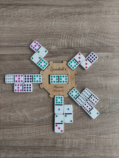Personalised wooden hub for use with the Mexican Dominos game, custom engraved with any name. This beautifully crafted hub adds a unique, personal touch to your game setup.