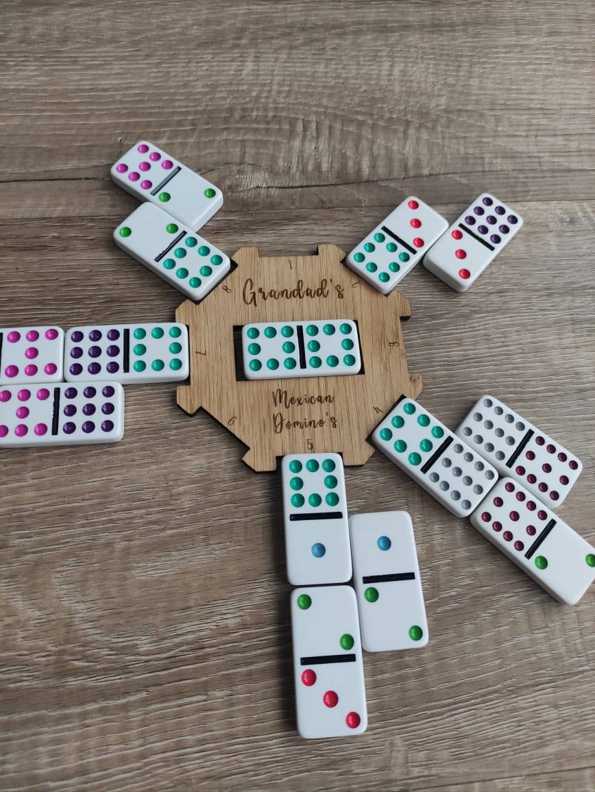 Personalised wooden hub for use with the Mexican Dominos game, custom engraved with any name. This beautifully crafted hub adds a unique, personal touch to your game setup.