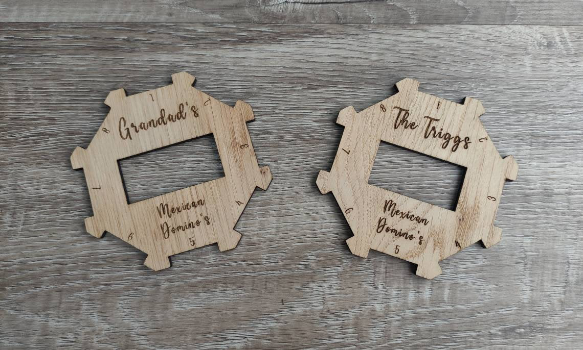 Personalised wooden hub for use with the Mexican Dominos game, custom engraved with any name. This beautifully crafted hub adds a unique, personal touch to your game setup.