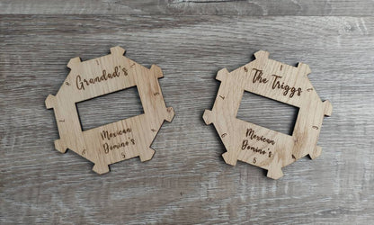Personalised wooden hub for use with the Mexican Dominos game, custom engraved with any name. This beautifully crafted hub adds a unique, personal touch to your game setup.
