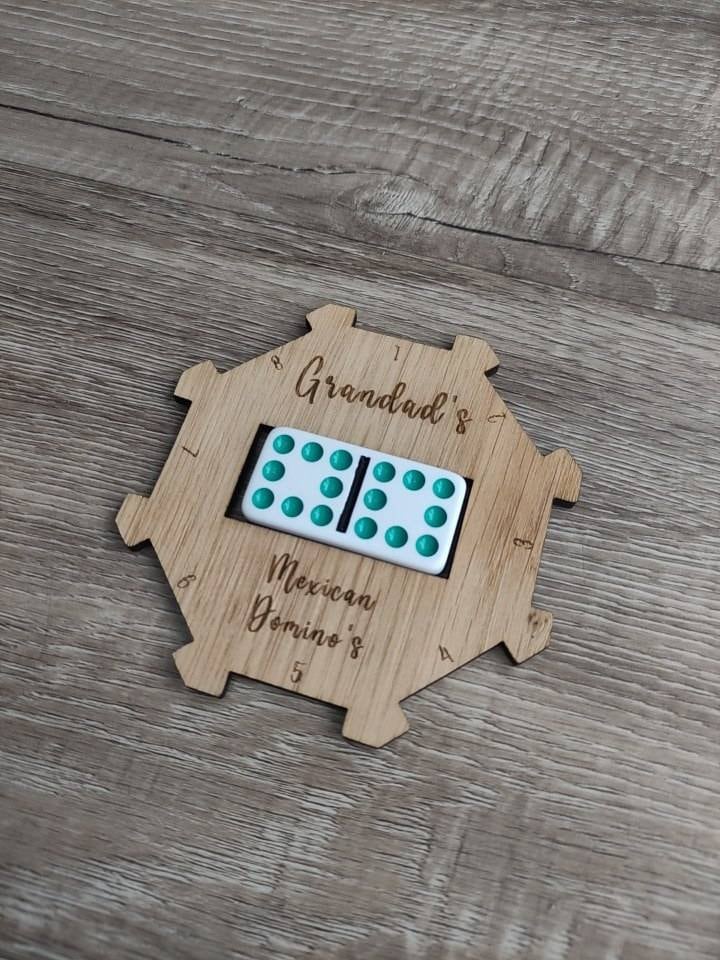 Personalised wooden hub for use with the Mexican Dominos game, custom engraved with any name. This beautifully crafted hub adds a unique, personal touch to your game setup.