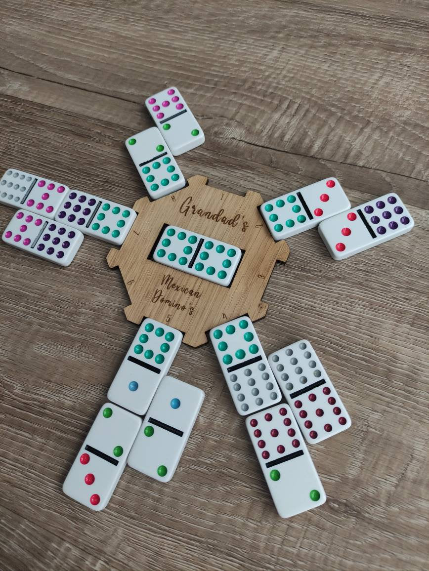 Personalised wooden hub for use with the Mexican Dominos game, custom engraved with any name. This beautifully crafted hub adds a unique, personal touch to your game setup.