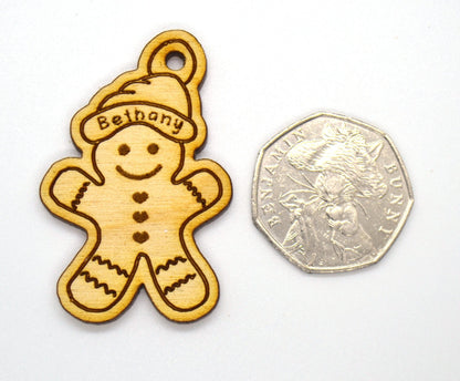 Personalised mini Christmas gingerbread bauble with custom engraving and red, white, or red & white paper string"