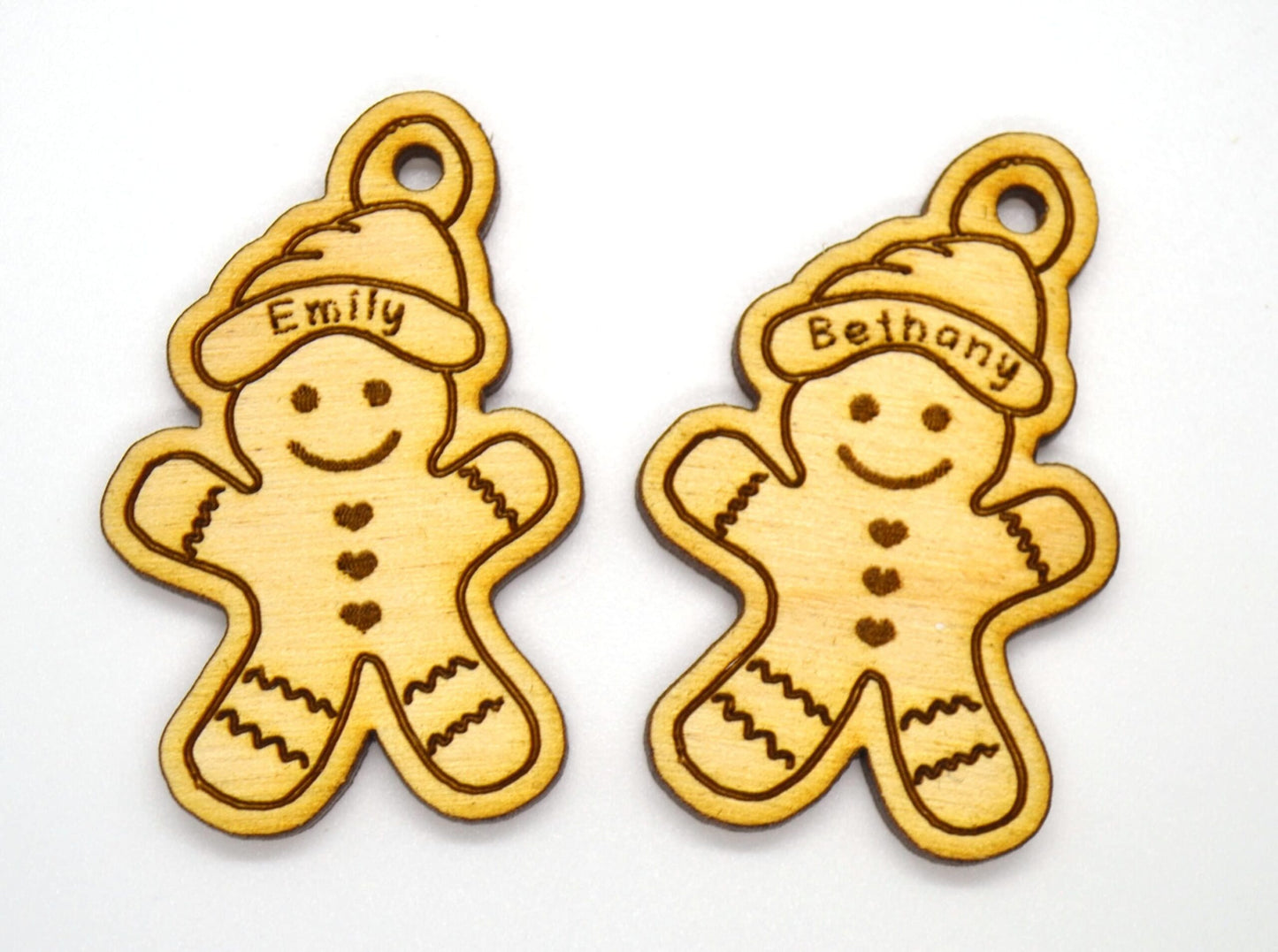 Personalised mini Christmas gingerbread bauble with custom engraving and red, white, or red & white paper string