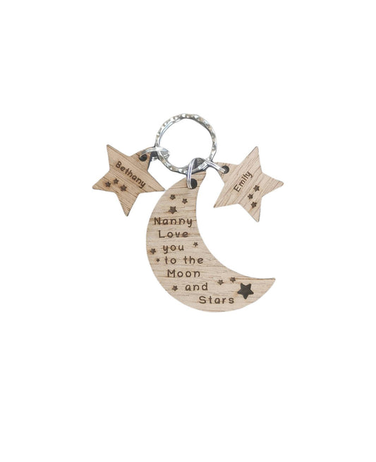 Moon-shaped keyring engraved with "Love you to the Moon & Stars" and star charms engraved with a child's name.