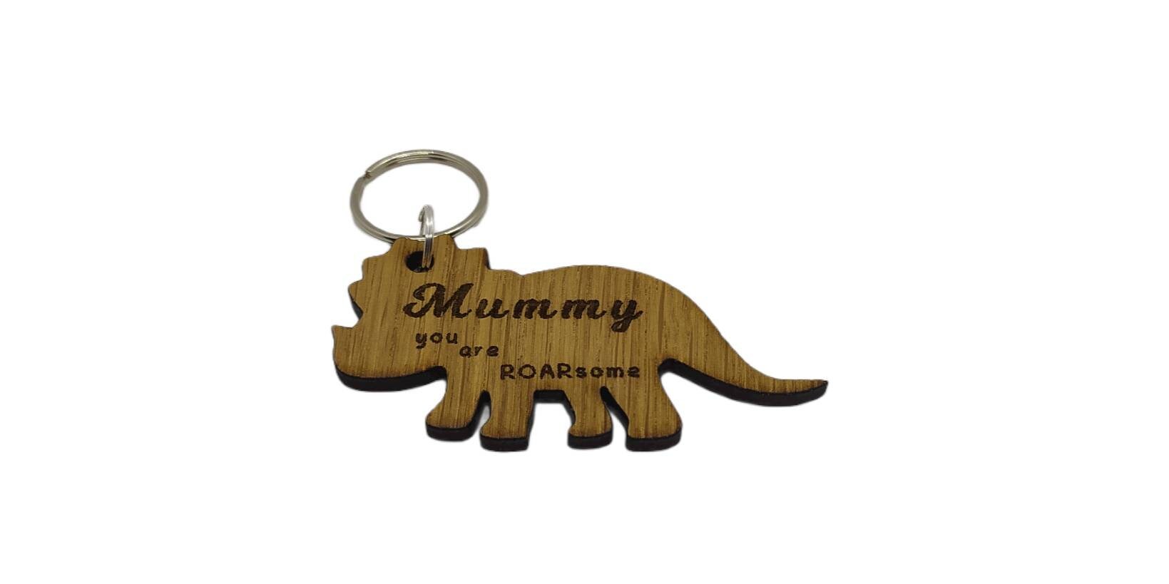 Triceratops Keychain with "Mummy You Are ROARsome" Engraved – Personalised Oak Veneer Gift