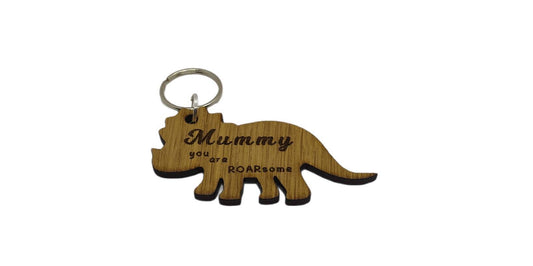 Triceratops Keychain with "Mummy You Are ROARsome" Engraved – Personalised Oak Veneer Gift