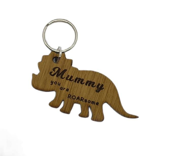 Triceratops Keychain with "Mummy You Are ROARsome" Engraved – Personalised Oak Veneer Gift