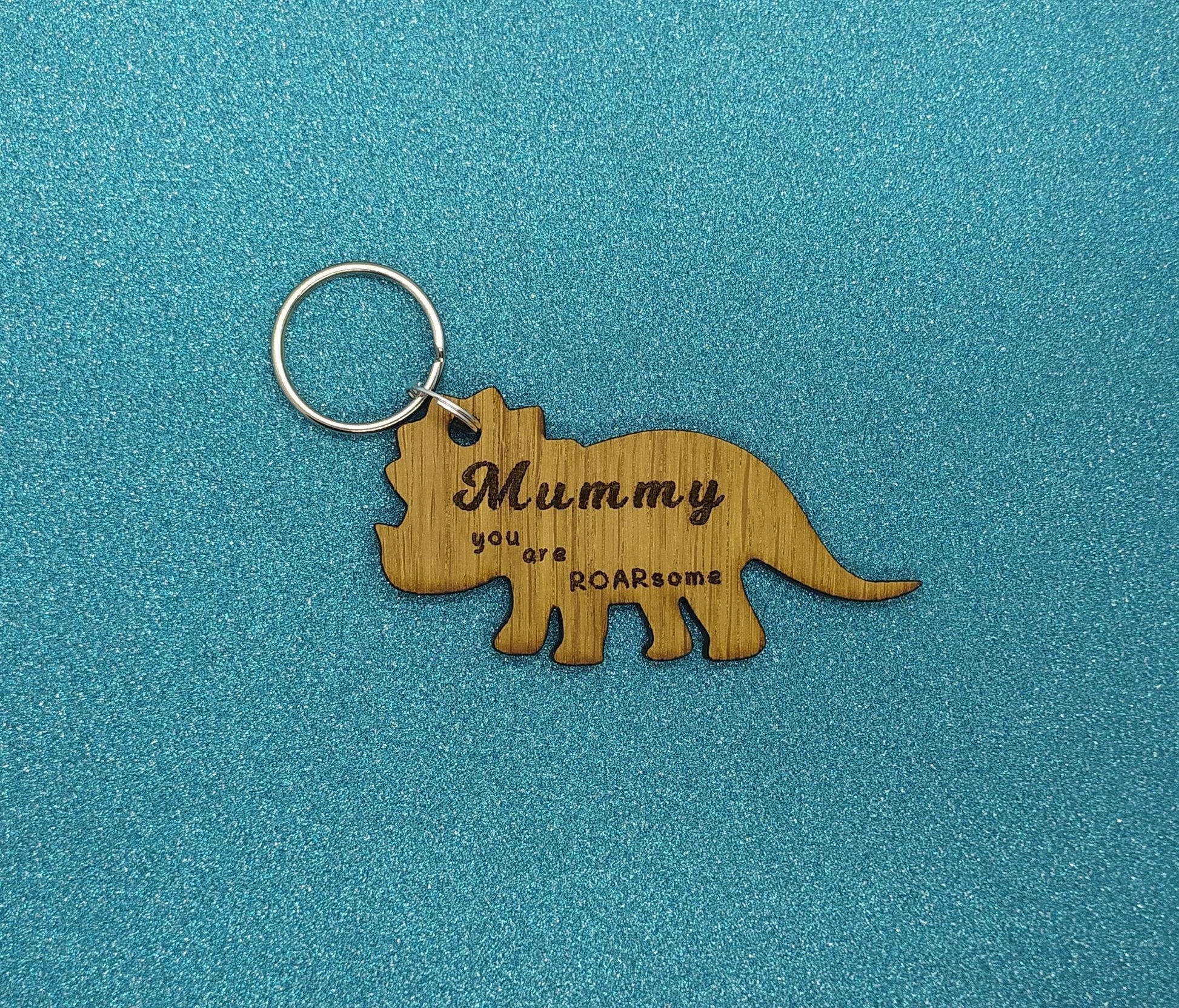 Triceratops Keychain with "Mummy You Are ROARsome" Engraved – Personalised Oak Veneer Gift