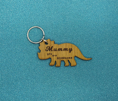 Triceratops Keychain with "Mummy You Are ROARsome" Engraved – Personalised Oak Veneer Gift