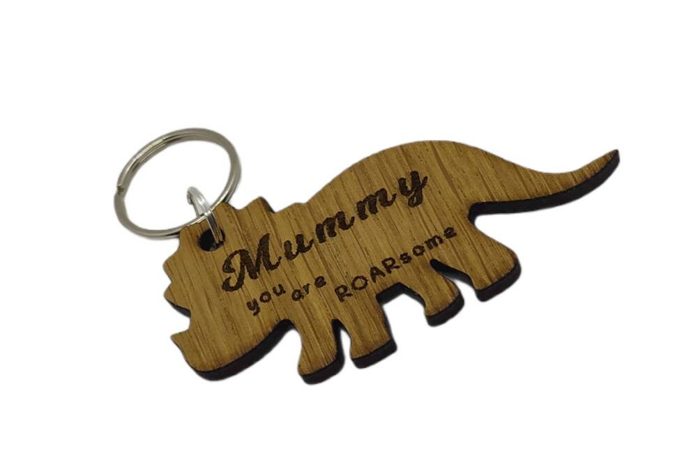 Triceratops Keychain with "Mummy You Are ROARsome" Engraved – Personalised Oak Veneer Gift